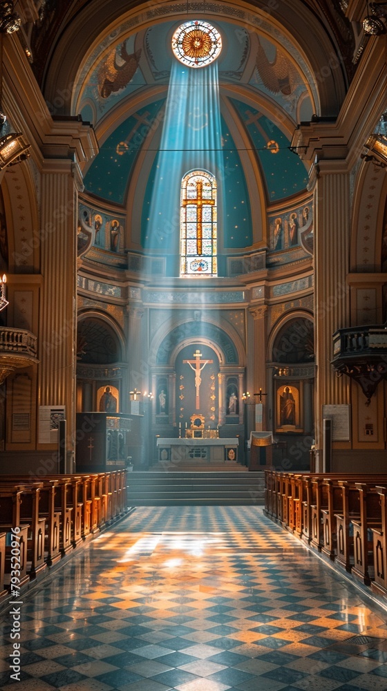 Fototapeta premium A photo essay documenting the various ways crepuscular rays interact with the architecture and decor of different churches 8K , high-resolution, ultra HD,up32K HD