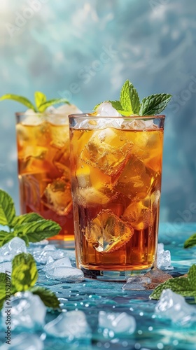 Ice tea summer sales ad, border of ice tea glasses and mint leaves, refreshing beverage colors, summer cooler copy space