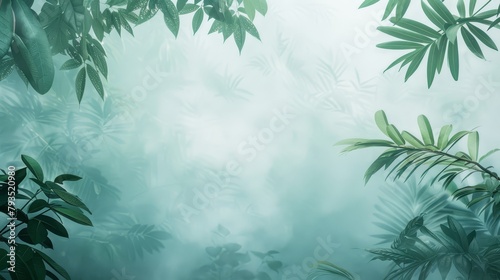 Morning mist summer sales design, misty forest and tropical leaves border, serene blues and greens, misty morning copy space