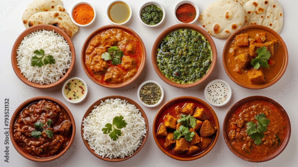 Top perspective on a colorful selection of curries, expertly prepared with spices and served alongside rice and dipping breads, perfect for food advertising, isolated backdrop Top perspective on a colorful selection of curries, expertly prepared with spices and served alongside rice and dipping breads, perfect for food advertising, isolated backdrop
