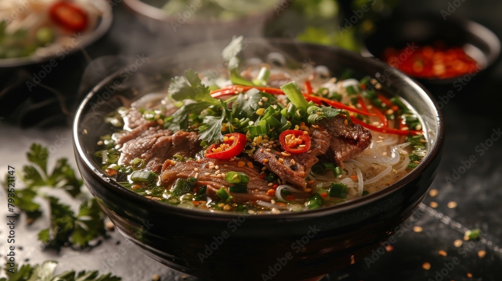 Top perspective of a steaming bowl of Pho, complete with beef brisket, fresh garnishes, and a spoonful of chili sauce, against a stark background Top perspective of a steaming bowl of Pho, complete with beef brisket, fresh garnishes, and a spoonful of chili sauce, against a stark background