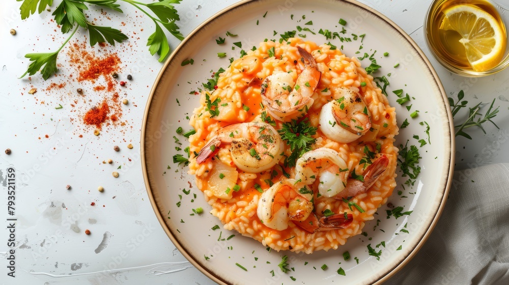 Top angle of a rich seafood risotto, featuring prawns and scallops, served in a sophisticated style on an isolated backdrop Top angle of a rich seafood risotto, featuring prawns and scallops, served in a sophisticated style on an isolated backdrop