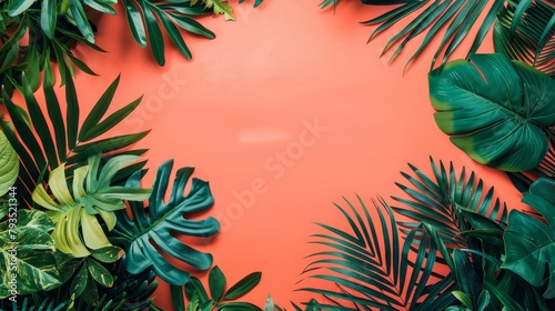 Vivid colored minimalist ad for beachwear  bordered with tropical leaves 