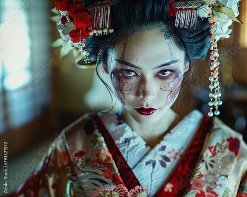 A thief disguised as a geisha, using their elegant attire and demeanor to gain access to a wealthy nobles mansion 8K , high-resolution, ultra HD,up32K HD