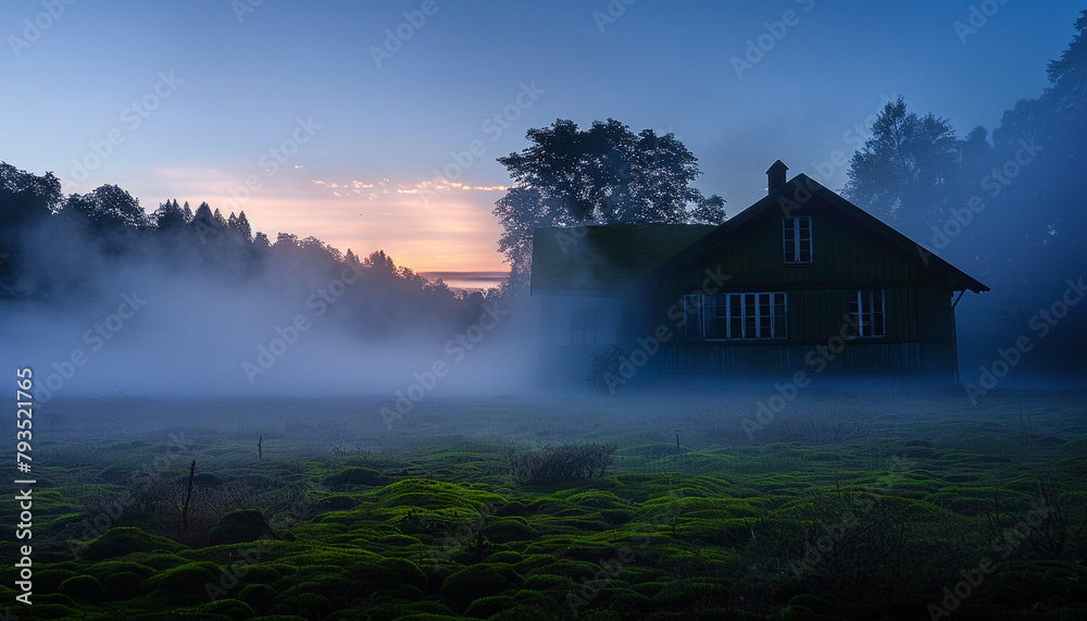 An ethereal fog surrounding a moss green house at dawn, with the silhouette of the house barely visible through the mist.