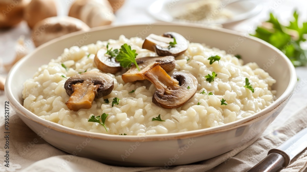 Sumptuous and creamy risotto, highlighted with fresh ingredients like mushrooms, perfect for gourmet Italian food advertising, isolated setup Sumptuous and creamy risotto, highlighted with fresh ingredients like mushrooms, perfect for gourmet Italian food advertising, isolated setup