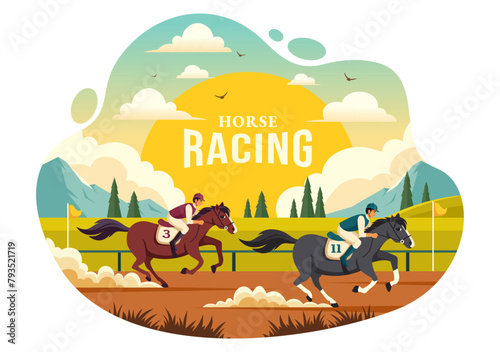 Horse Racing Competition Vector Illustration with Equestrian Performance Sport and Rider or Jockeys in a Racecourse on Flat Cartoon Background