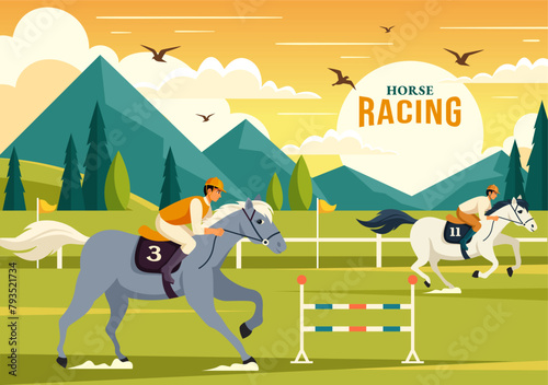 Horse Racing Competition Vector Illustration with Equestrian Performance Sport and Rider or Jockeys in a Racecourse on Flat Cartoon Background
