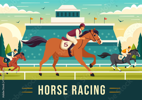 Horse Racing Competition Vector Illustration with Equestrian Performance Sport and Rider or Jockeys in a Racecourse on Flat Cartoon Background