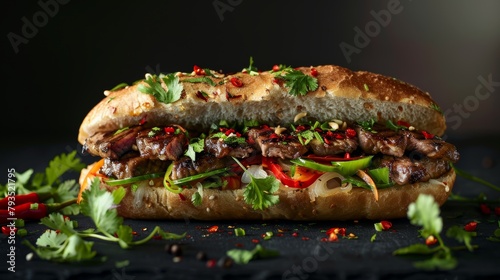 Stylish and savory Banh Mi with grilled pork, cilantro, and pickled veggies prominently displayed against an isolated backdrop, ideal for culinary ads