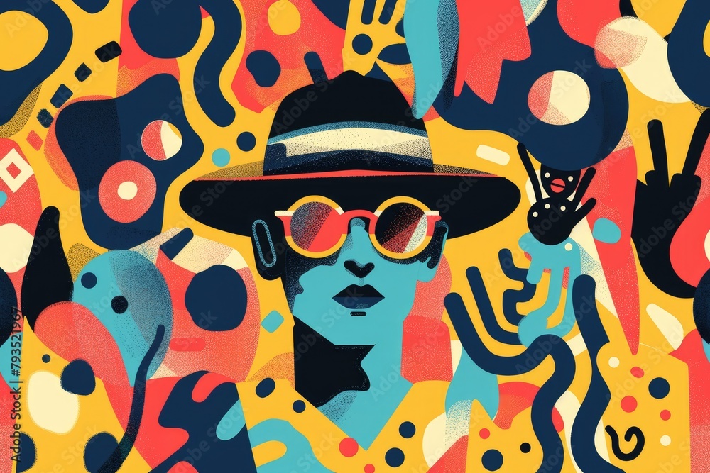 A man with a hat and sunglasses is surrounded by various shapes and colors.