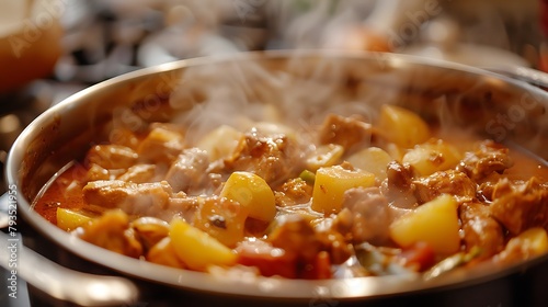 A hearty chicken and potato stew simmering in a large pot, steam rising, with chunks of tender meat and diced vegetables