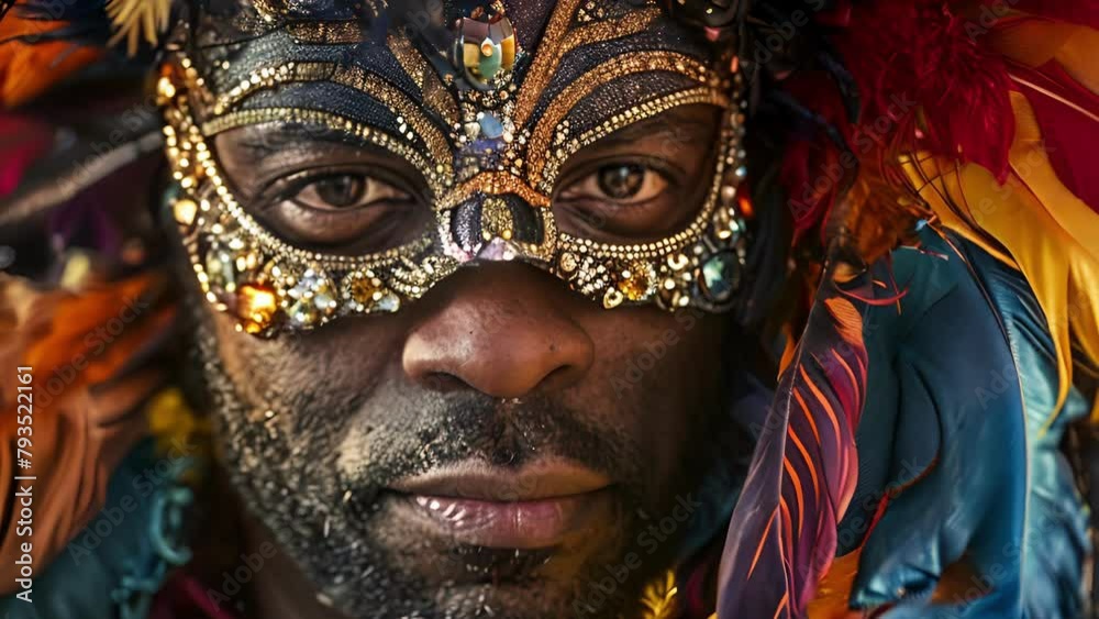 A black man is depicted in a striking portrait wearing a dazzling mask made of feathers and jewels. The bright colors and intricate details of the mask represent the rich traditions . A black man is depicted in a striking portrait wearing a dazzling mask made of feathers and jewels. The bright colors and intricate details of the mask represent the rich traditions .