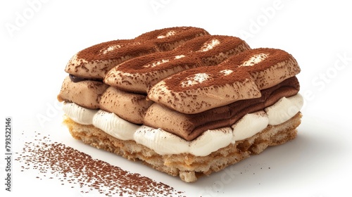 Sophisticated top view of Tiramisu, with distinct layers of flavored ladyfingers and mascarpone, a dessert classic, on an isolated white background