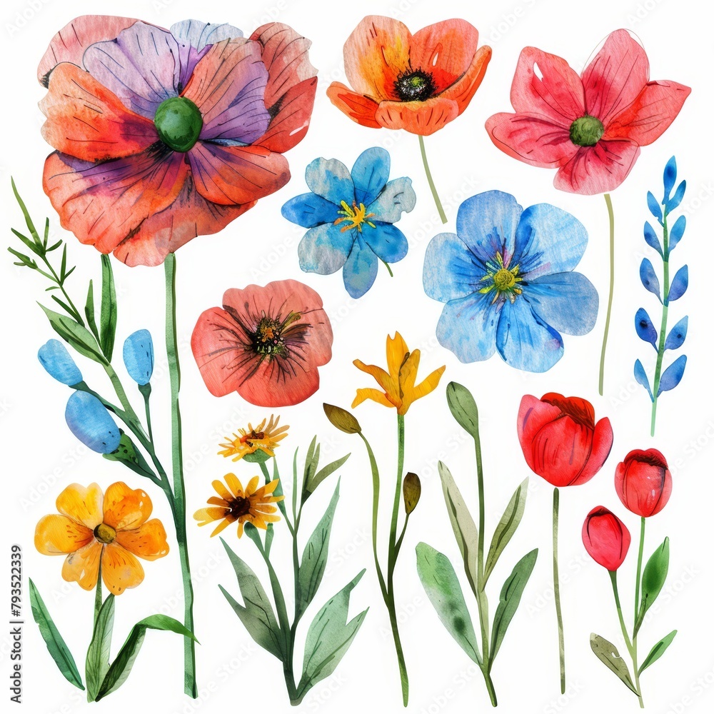 Vivid watercolor clipart of spring flowers, isolated on white --ar 1:1 Job ID: 511c1ea8-8443-4386-9974-165cfc7f4b88