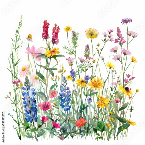 Richly colored summer wildflower illustration in watercolor, white backdrop --ar 1:1 Job ID: 29e23f8b-7b30-4faa-a000-d22073f7cdeb