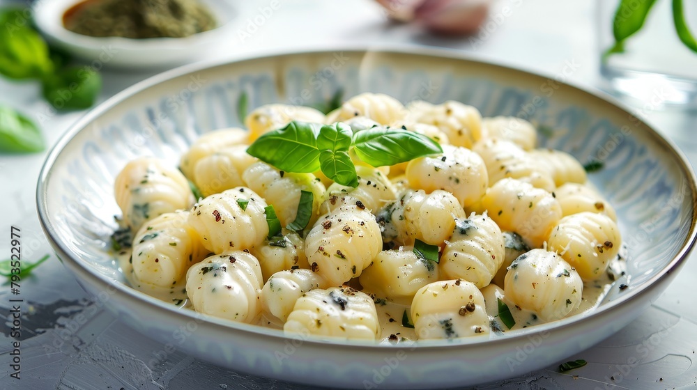 Savory potato gnocchi served with a choice of tomato, pesto, or gorgonzola sauce, focused food advertisement, isolated background, studio lighting