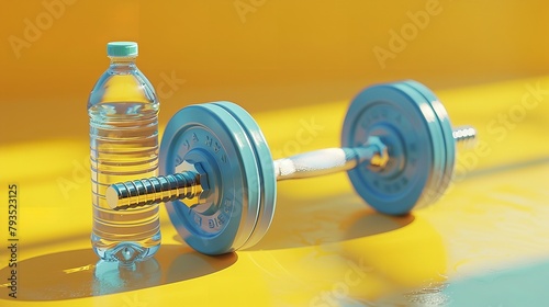 Over a vivid yellow backdrop, there is a black dumbbell for physical well-being and a plastic water bottle health issues and space, Generative AI.