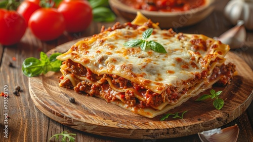 Rustic and inviting image of a hearty slice of lasagna with melting cheeses and meaty sauce, capturing the essence of Italian comfort food, on a plain backdrop