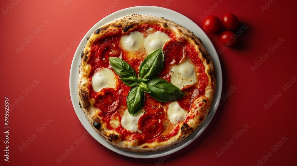 Photogenic Pizza Margherita with a minimalist twist, showcasing the fresh colors of the Italian flag, ideal for an ad, against a stark isolated background