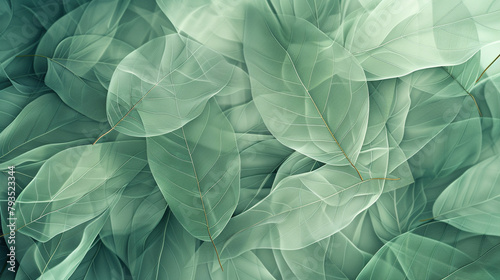 A 3D abstract texture of overlapping, translucent leaves in a soft green palette, conveying a sense of depth and natural elegance.