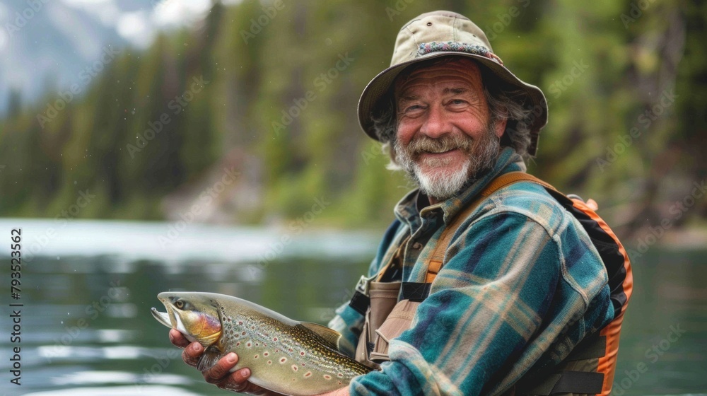 Fototapeta premium Close up portrait of smiling adult man in canoe holding salmon fish in middle of lake