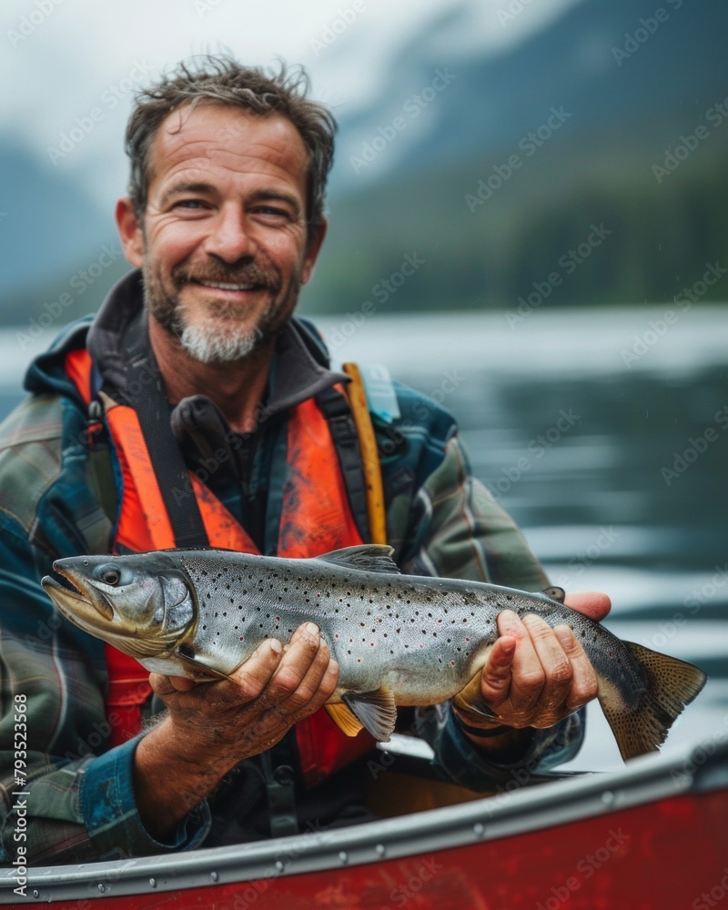 Close up portrait of smiling adult man in canoe holding salmon fish in middle of lake Close up portrait of smiling adult man in canoe holding salmon fish in middle of lake