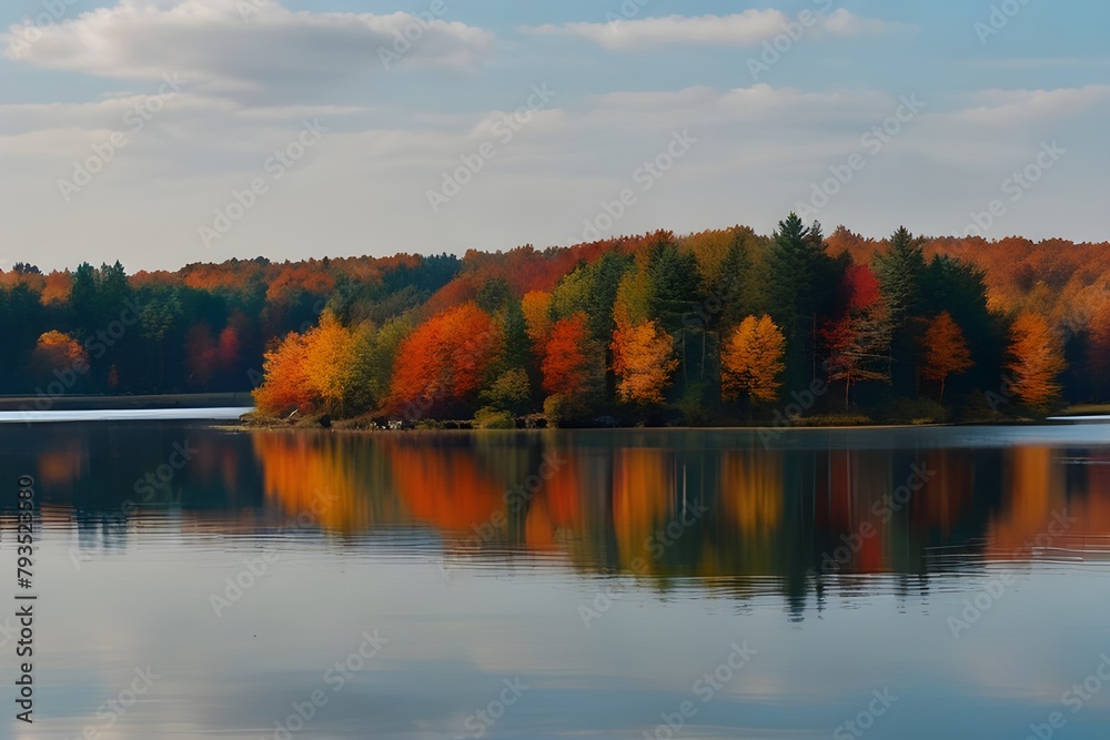 Bright fall landscape with island and lake Generator AI 