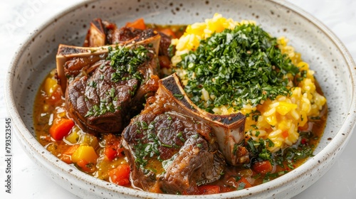 Luxurious top shot of Osso Buco, succulent veal shanks in a vibrant vegetable, wine, and broth medley, accented with gremolata and paired with Risotto Milanese, isolated on a white background