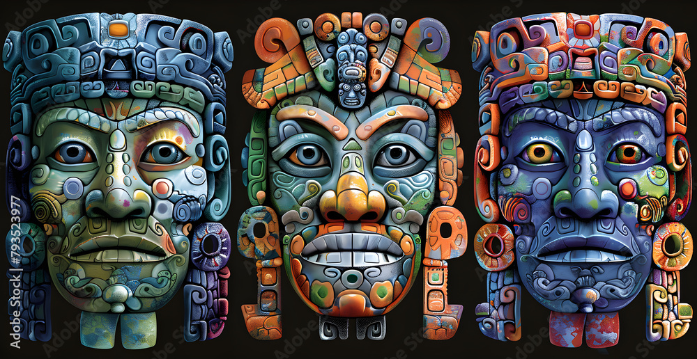 Three faces with different colors and designs Three faces with different colors and designs
