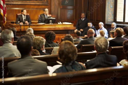 Professional Photography of a courtroom scene with lawyers presenting arguments before a judge and jury during a high-profile trial, Generative AI