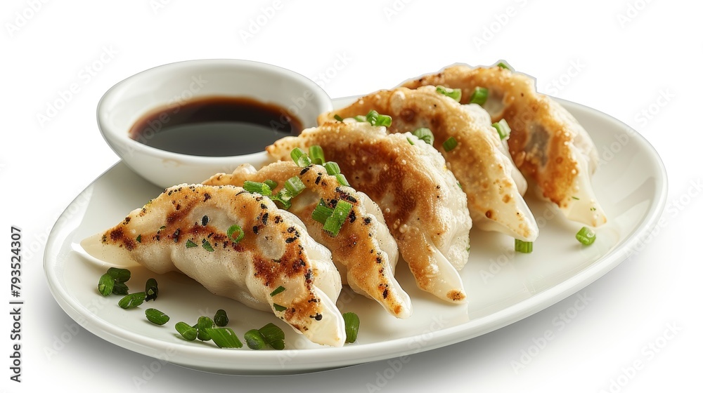 Gyoza, traditional Japanese comfort food, featuring a delicious filling of ground meat and vegetables, served with a specialty dipping sauce, on an isolated backdrop