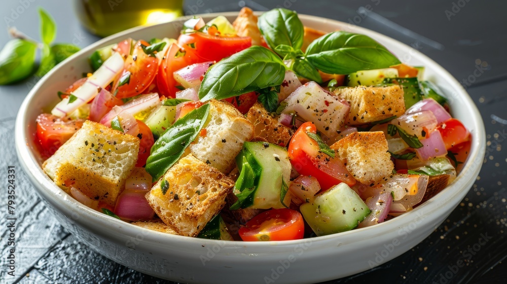 Gourmet visual of Panzanella, showing the delicious meld of flavors from tomatoes, cucumbers, onions, and basil soaked in olive oil, elegant isolated background