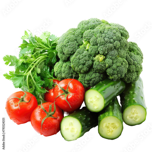 A vibrant arrangement of fresh ripe broccoli tomatoes and cucumbers set against a transparent background