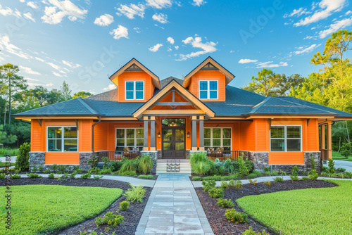 A front view of an elegant tangerine craftsman cottage style home, with a triple pitched roof, immaculate landscaping, a paved walkway, and superior curb appeal, showcasing a zest for modern living.