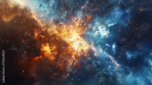 A vivid representation of space with clusters of stars and cosmic dust resembling a galaxy.