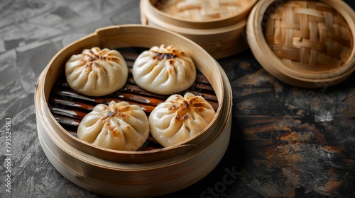 Gourmet top view of Chinese steamed buns (Baozi) with glossy barbecue pork filling, perfectly lit in a studio setting, isolated backdrop