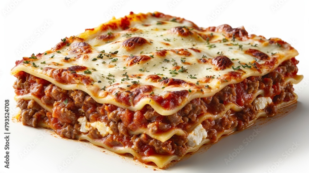 Gourmet top shot of classic lasagna, featuring beef, sausage, mozzarella, ricotta, and Parmesan, isolated on a white background, studio lighting Gourmet top shot of classic lasagna, featuring beef, sausage, mozzarella, ricotta, and Parmesan, isolated on a white background, studio lighting