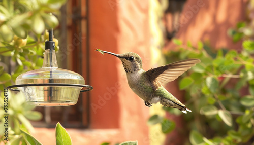 A hummingbird hovering near a feeder in the garden of a soft terracotta house, with a shallow depth of field. photo