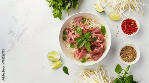 Gourmet top-down image of Pho with both beef and chicken options, fresh herbs, lime wedges, sprouts, isolated on a minimalist background photo