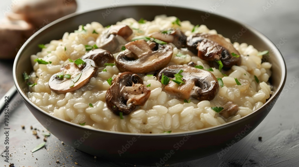 Gourmet shot of creamy risotto, richly flavored with mushrooms, cooked to perfection, presented on an isolated background with studio lighting