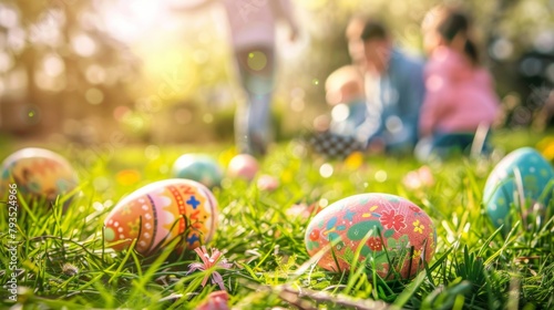 Decorated Easter eggs hidden in grass during a family hunt on a bright spring day.
