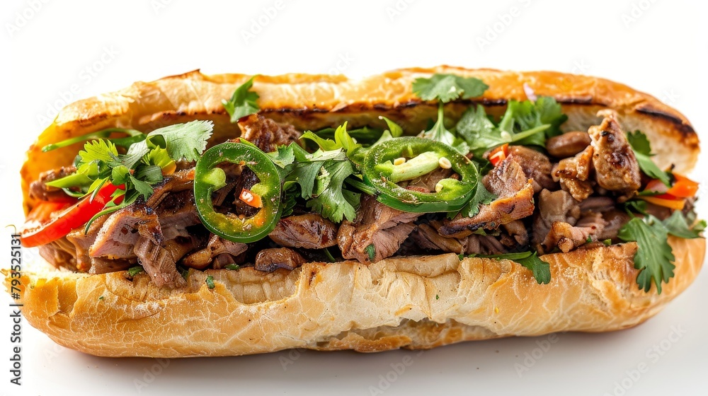 Gourmet shot of a Banh Mi, Vietnamese sandwich with crusty French baguette, grilled pork, pickled vegetables, cilantro, jalapenos, and pate, isolated background Gourmet shot of a Banh Mi, Vietnamese sandwich with crusty French baguette, grilled pork, pickled vegetables, cilantro, jalapenos, and pate, isolated background