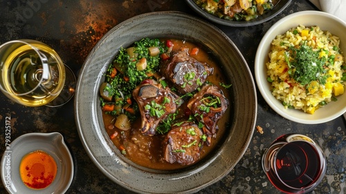 Gourmet shot from above, Osso Buco featuring braised veal shanks with aromatic vegetables, white wine, rich broth, alongside gremolata and golden Risotto Milanese, studio lighting