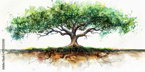 Spiritual Heritage: The Roots and Towering Tree - Visualize the roots of a tree representing the foundation laid by a deceased leader, with the tree towering above symbolizing their enduring legacy
