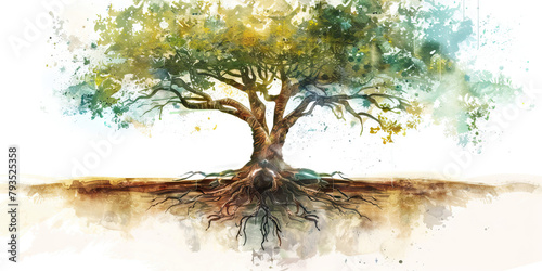 Spiritual Heritage: The Roots and Towering Tree - Visualize the roots of a tree representing the foundation laid by a deceased leader, with the tree towering above symbolizing their enduring legacy photo