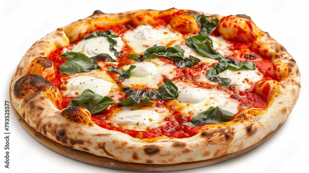 Gourmet Pizza Margherita close-up, showcasing vibrant tomato sauce, creamy mozzarella, and fresh basil, set against an isolated white backdrop, studio lighting