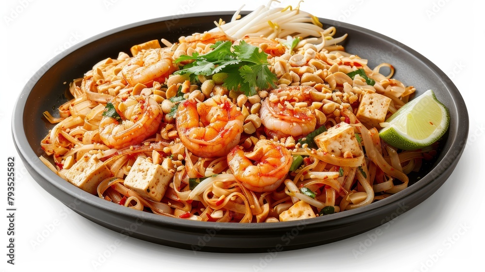 Gourmet Pad Thai presentation, rice noodles mixed with tofu, eggs, and shrimp, richly flavored with garlic and chili, peanuts and lime garnish, isolated background