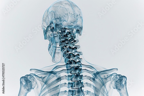 Cervical spine the anatomy and lateral side view of the human spine over an x-ray with neck ache over a white backdrop and space, Generative AI.