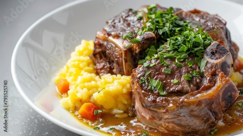 Gourmet Osso Buco, veal shanks slowly cooked in white wine and broth, accompanied by aromatic Risotto Milanese and fresh Gremolata, on a clean background, studio lit